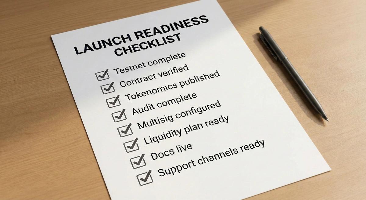 A minimal style launch readiness checklist for a blockchain project. The graphic displays eight checkmarked steps: Testnet complete, Contract verified, Tokenomics published, Audit complete, Multisig configured, Liquidity plan ready, Docs live, and Support channels ready.