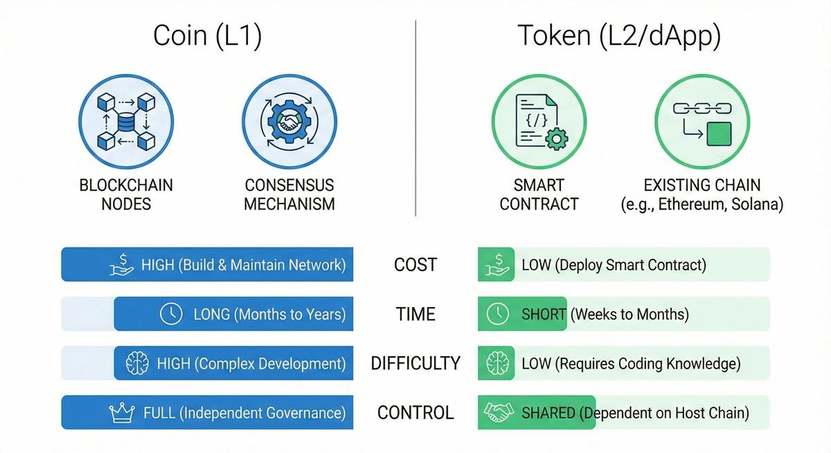 Clean comparison infographic showing Coin vs Token: left side 'Coin' with icons for blockchain nodes and consensus, right side 'Token' with icons for smart contract and existing chain. Includes comparisons for Cost, Time, Difficulty, and Control.