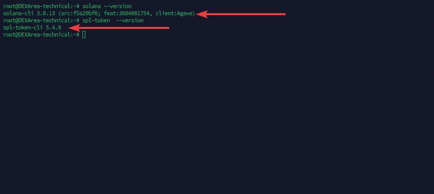 Solana CLI version check showing solana-cli 3.0.13 and spl-token-cli 5.4.0 commands