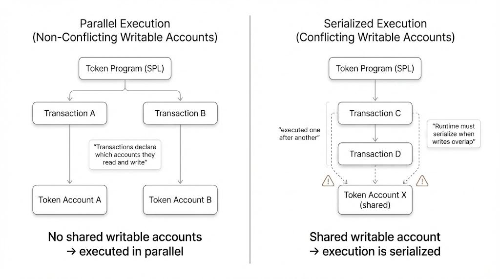Diagram illustrating Solana Sealevel execution: transactions that write to different writable token accounts execute in parallel, while transactions writing to the same account are serialized due to write conflicts.