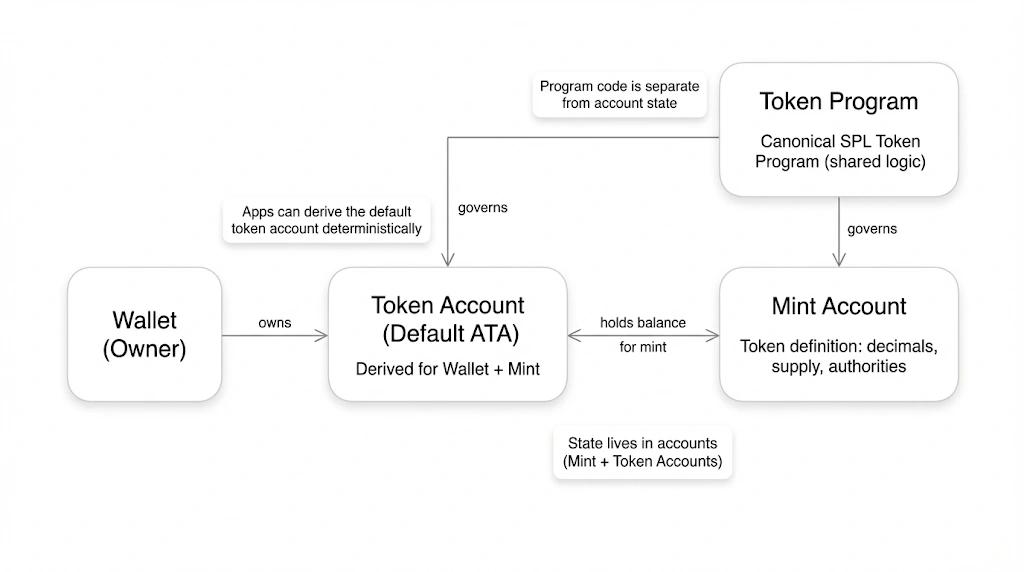 Diagram of the SPL token account model on Solana showing how the canonical Token Program governs Mint Accounts and default token accounts (ATAs), with token state stored in accounts rather than program code.