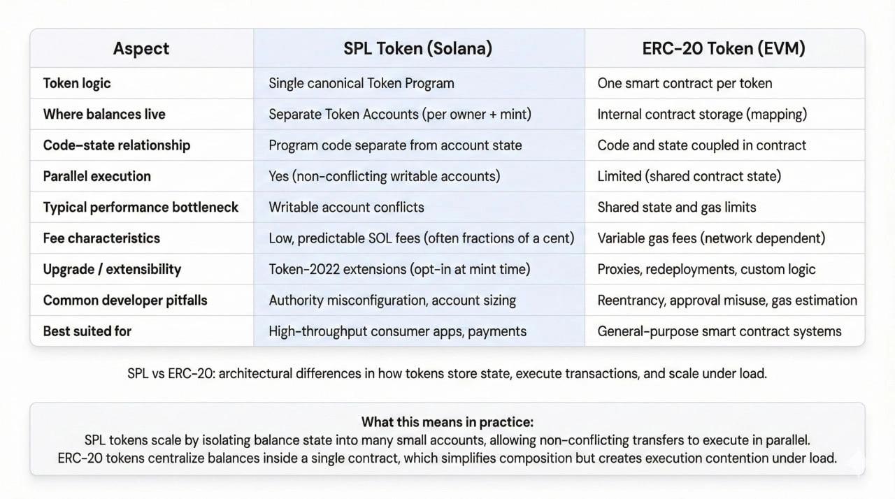 Comparison table illustrating architectural differences between SPL tokens on Solana and ERC-20 tokens on EVM, including state model, execution parallelism, fees, and scaling trade-offs.