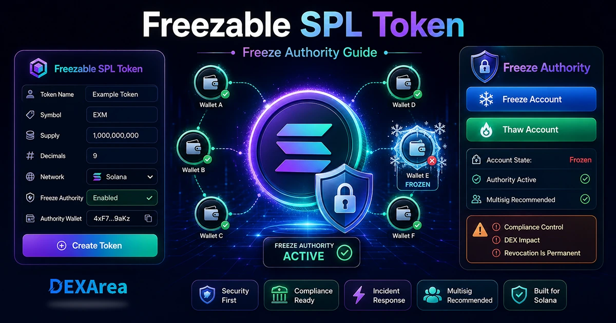 Freezable SPL Token on Solana: Freeze Authority (UI + CLI) | DEXArea Blog