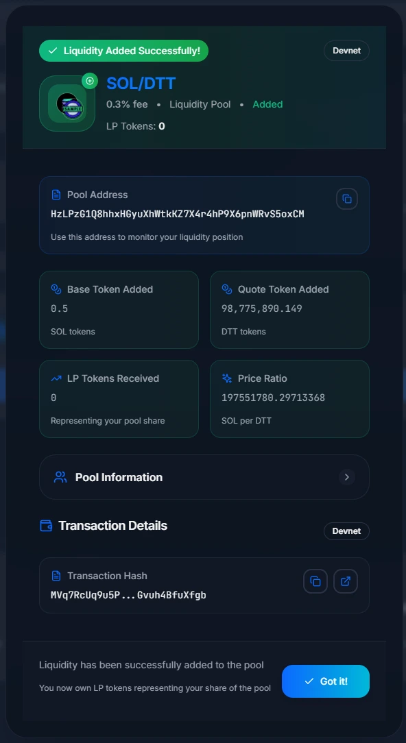 Add Liquidity to Solana Token — Success Confirmation Modal
