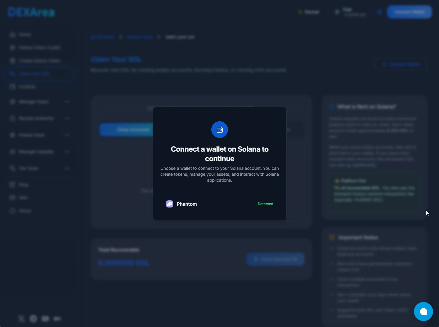Wallet connection prompt showing supported Solana wallets (Phantom, Solflare, Backpack)