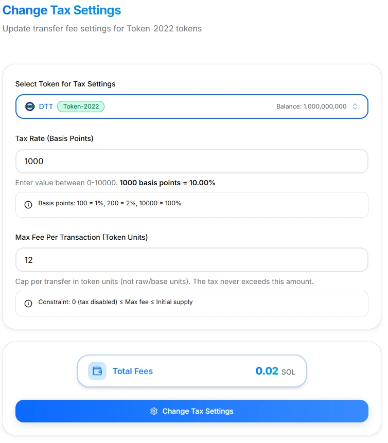 Change Tax Settings form with token selected and tax rate filled in, showing basis points input and max fee display