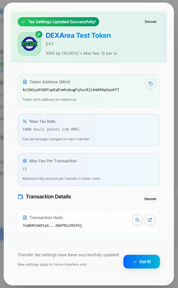 Success modal showing tax settings change transaction completed with transaction hash and confirmation message