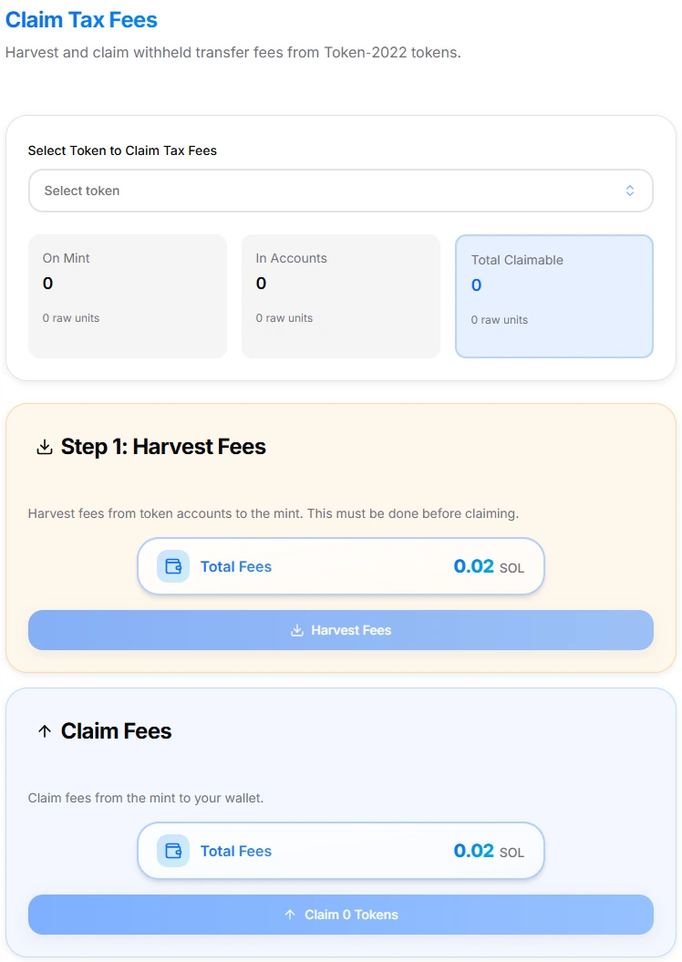 Claim Tax Fees interface showing token selector, On Mint fees, In Accounts fees, and Total Claimable amounts for Token-2022 transfer fees