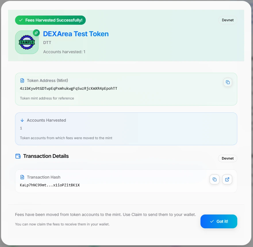 Success modal showing tax fees claimed successfully with transaction hash and amount claimed displayed