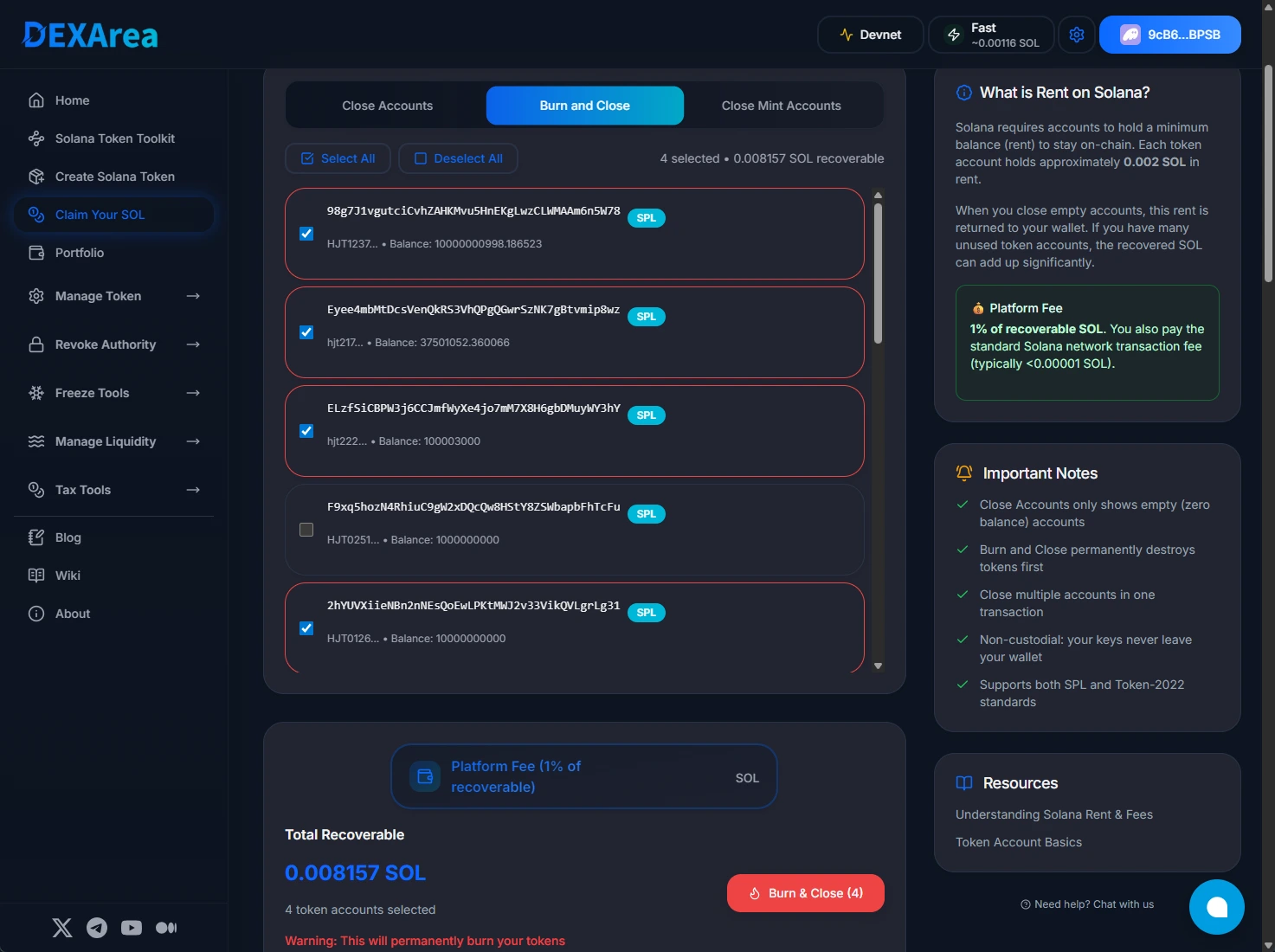 Burn and Close tab showing token accounts with balances that can be burned and closed