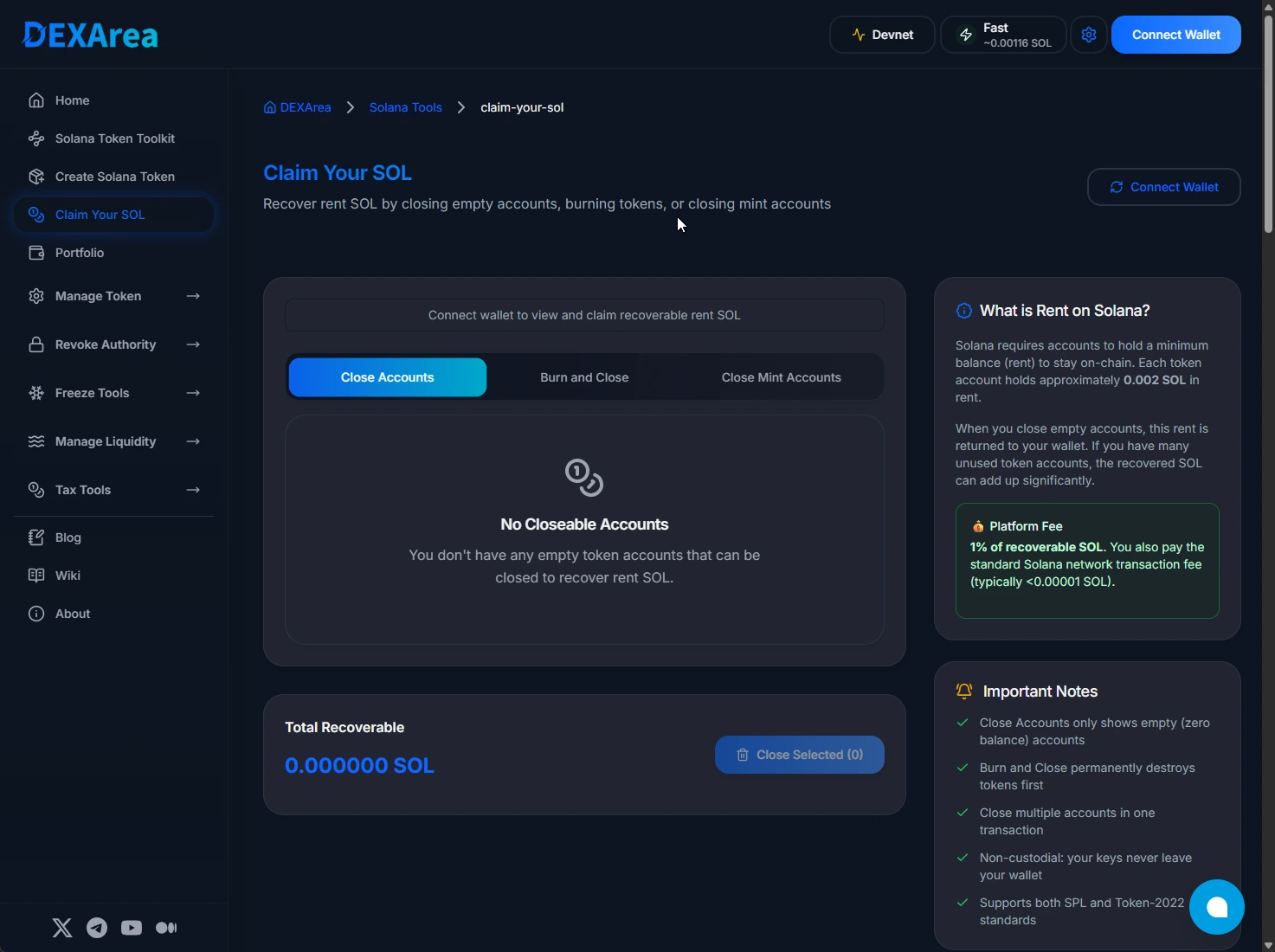 Claim Your SOL tool page showing Close Accounts, Burn and Close, and Close Mint Accounts tabs