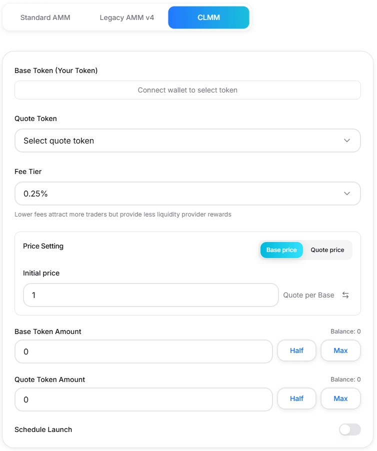 CLMM concentrated liquidity pool creation interface with price range and fee tier options