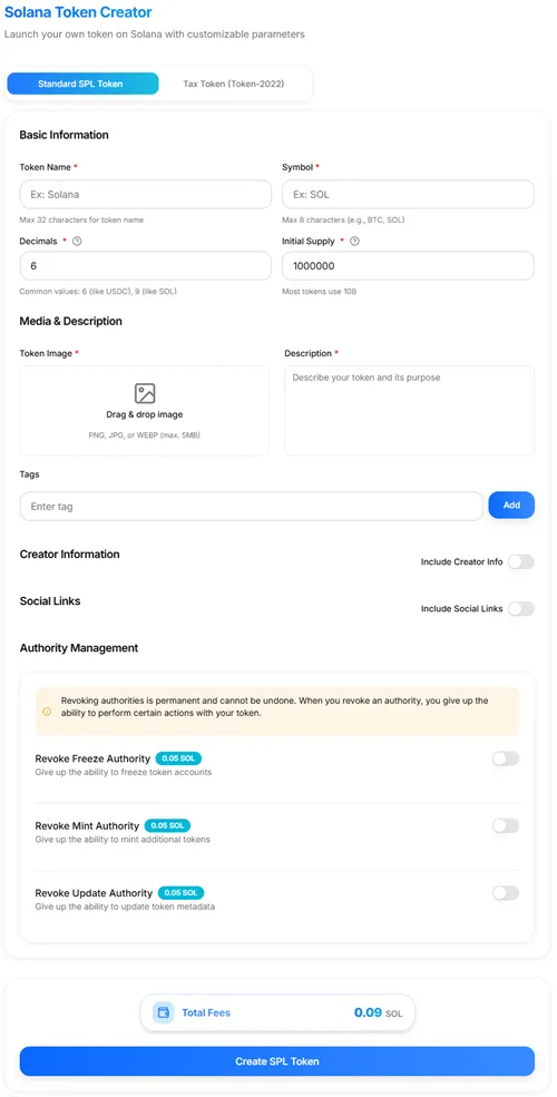 Standard SPL Token Creation Interface