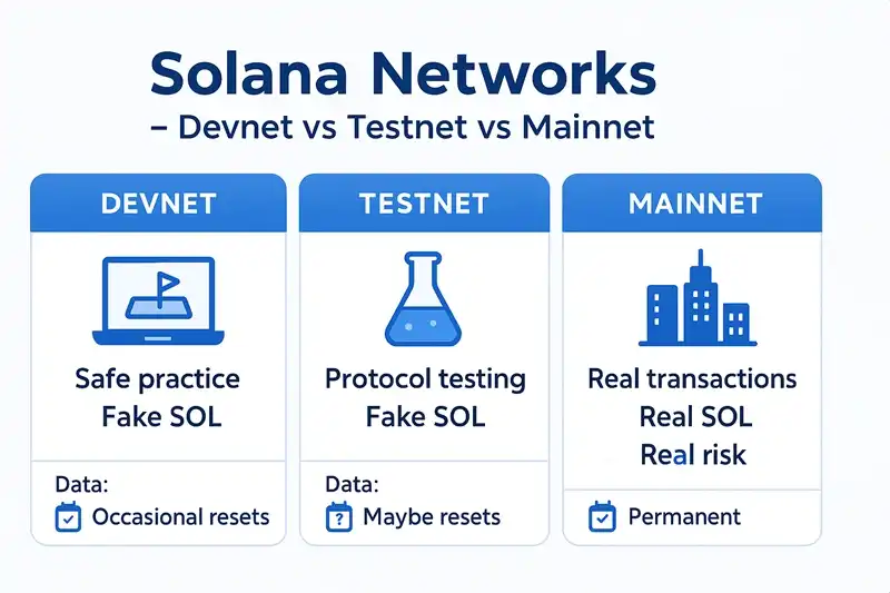 Diagram comparing Solana's three networks: devnet for development, testnet for protocol testing, and mainnet for real transactions
