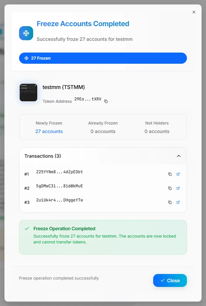 Freeze Accounts Result Modal Freeze Accounts Result Modal