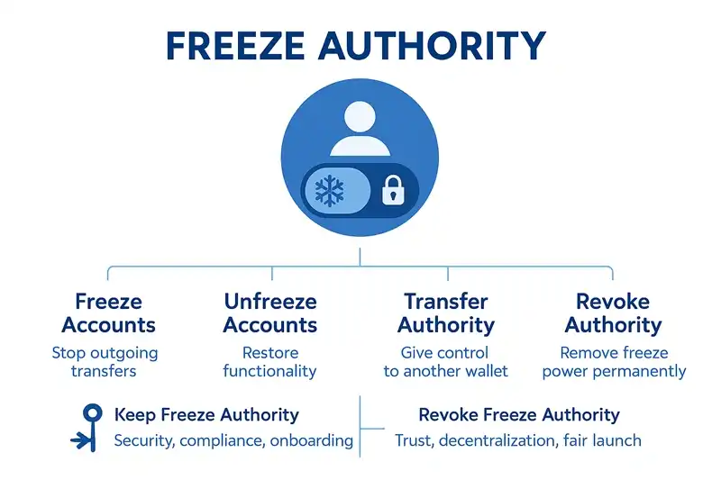 Freeze Authority - Understanding Account Control on Solana Diagram showing how freeze authority works on Solana, including the ability to freeze and unfreeze token accounts and the relationship between freeze authority and account control