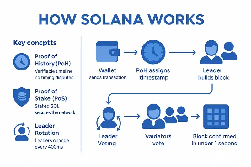 How Solana Works - Proof of History and Proof of Stake Diagram showing how Solana's Proof of History and Proof of Stake work together to process transactions