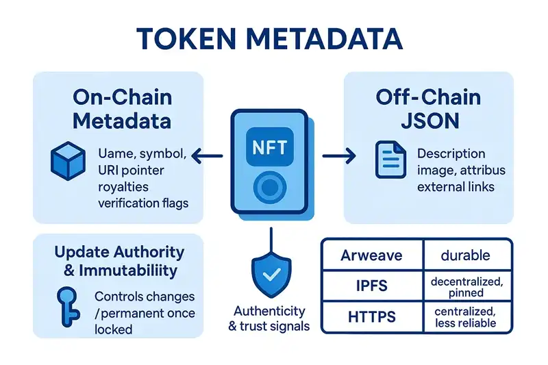 Token Metadata - Understanding Data Structure on Solana Diagram showing Solana token metadata structure including on-chain metadata accounts, off-chain JSON storage, and the relationship between mint addresses and metadata