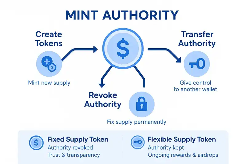 Diagram showing how mint authority works on Solana, including the relationship between mint authority, token supply, and the ability to create new tokens