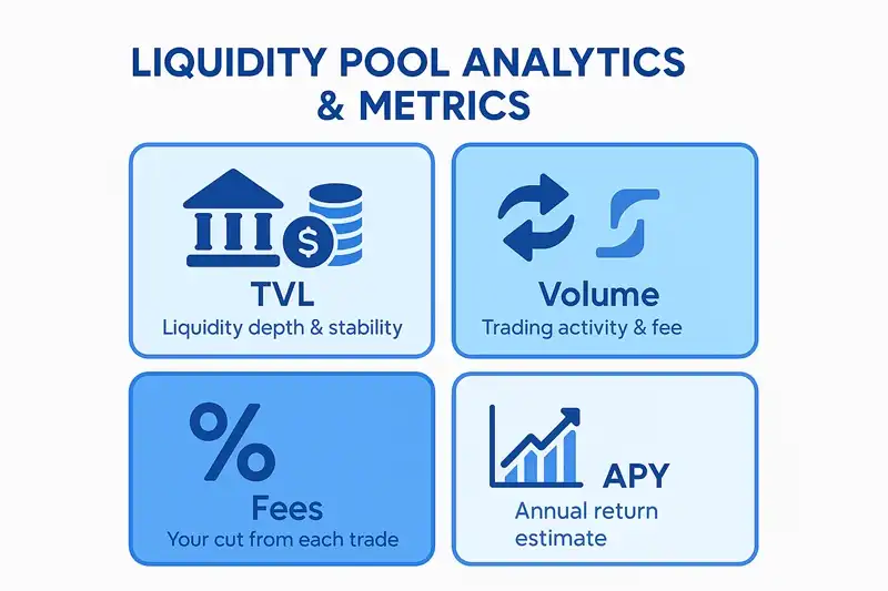 Diagram showing key pool analytics metrics on Solana including TVL, volume, fees, and APY with visual representations of healthy vs unhealthy pool indicators