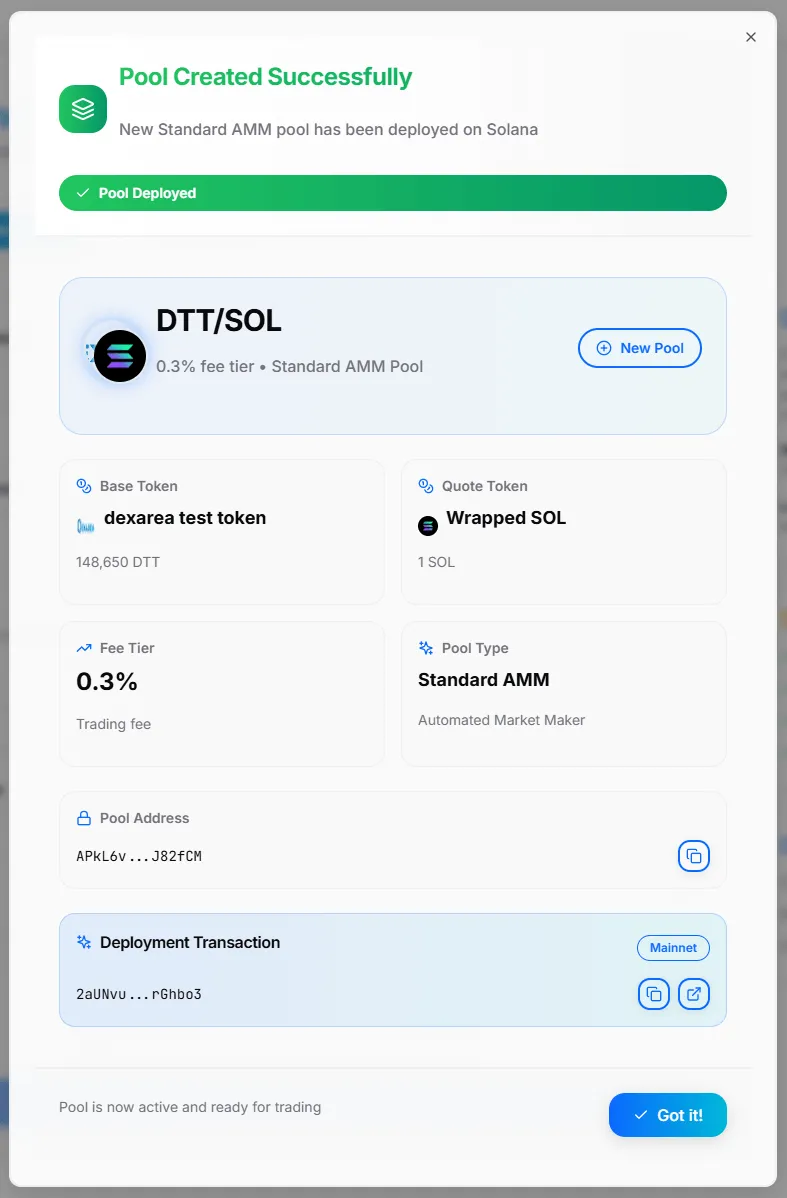Pool Creation Result Modal Pool Creation Result Modal