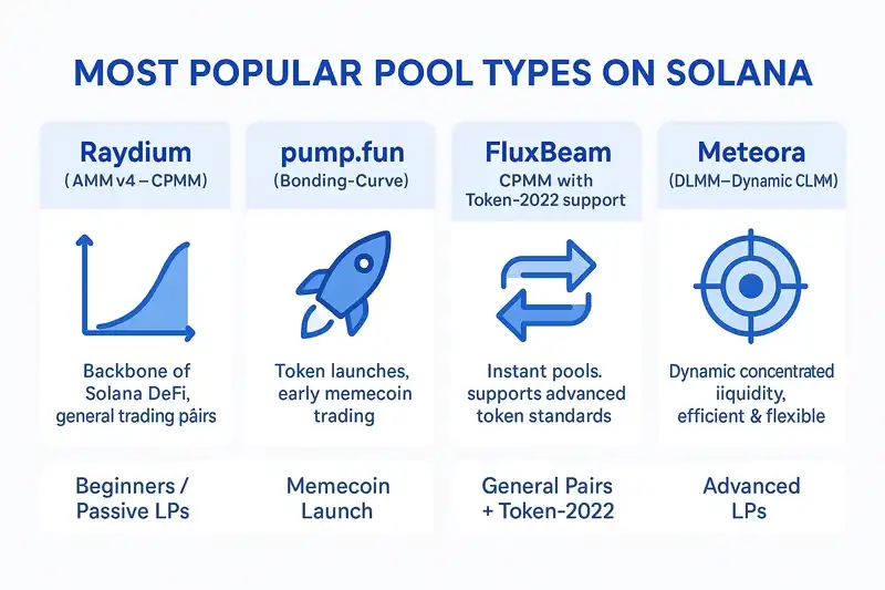 Pool Types - Understanding Different Liquidity Pool Models on Solana Diagram showing different types of liquidity pools on Solana including CPMM, CLMM, stable-swap, and bonding-curve pools with their key characteristics and use cases