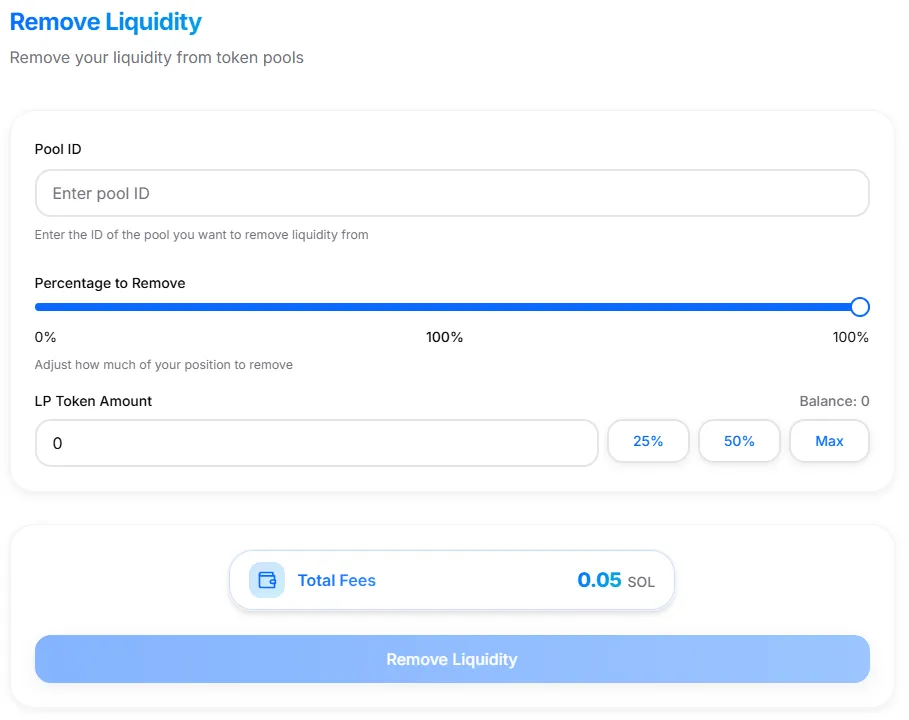 Remove Liquidity Interface Remove Liquidity Interface