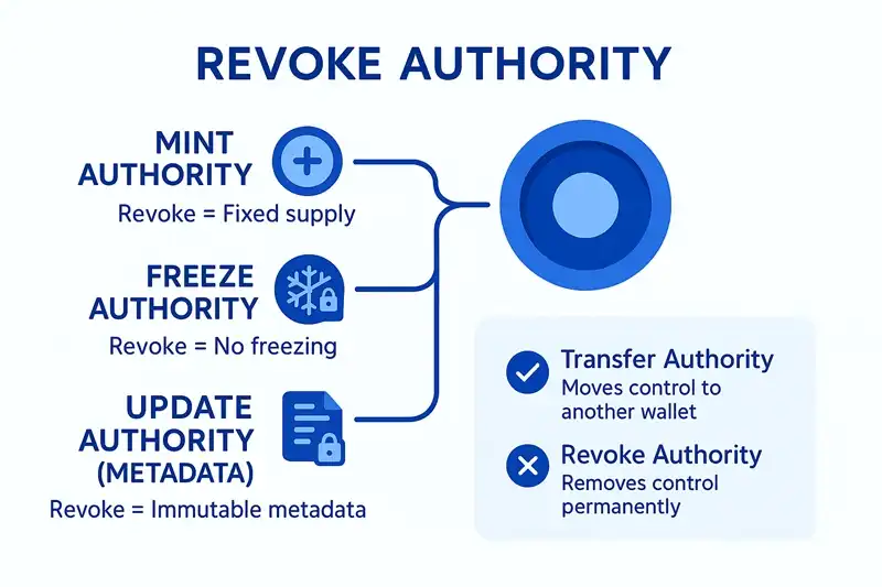 Diagram showing the process of revoking token authorities on Solana, including the irreversible nature of setting authorities to null and the security benefits