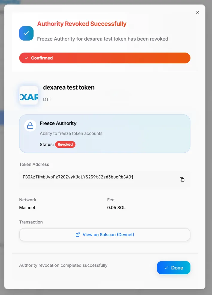 Freeze Authority Revocation Result Modal Freeze Authority Revocation Result Modal
