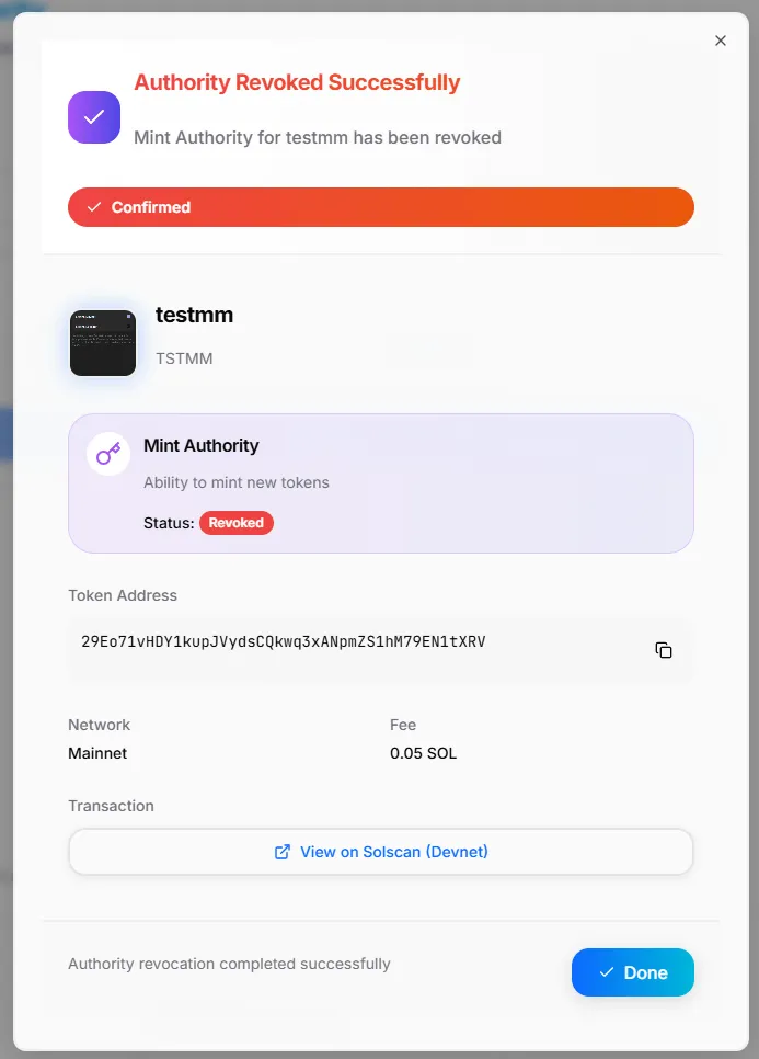 Mint Authority Revocation Result Modal Mint Authority Revocation Result Modal