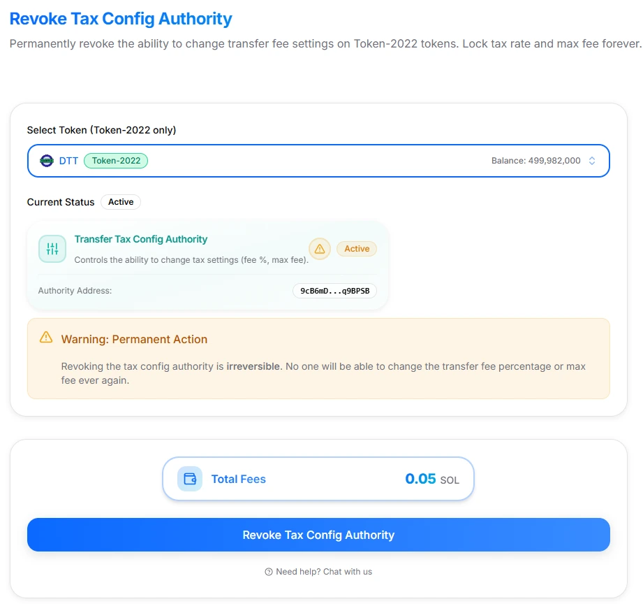 Revoke Tax Withdraw Authority interface with token selected showing network indicator, platform fee, and Revoke button