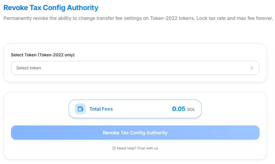 Revoke Tax Withdraw Authority interface showing token selector for Token-2022 mints with transfer fees