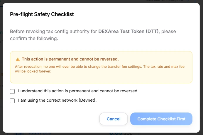 Pre-flight checklist for Revoke Tax Withdraw Authority with confirmation checkboxes for permanent action and network verification