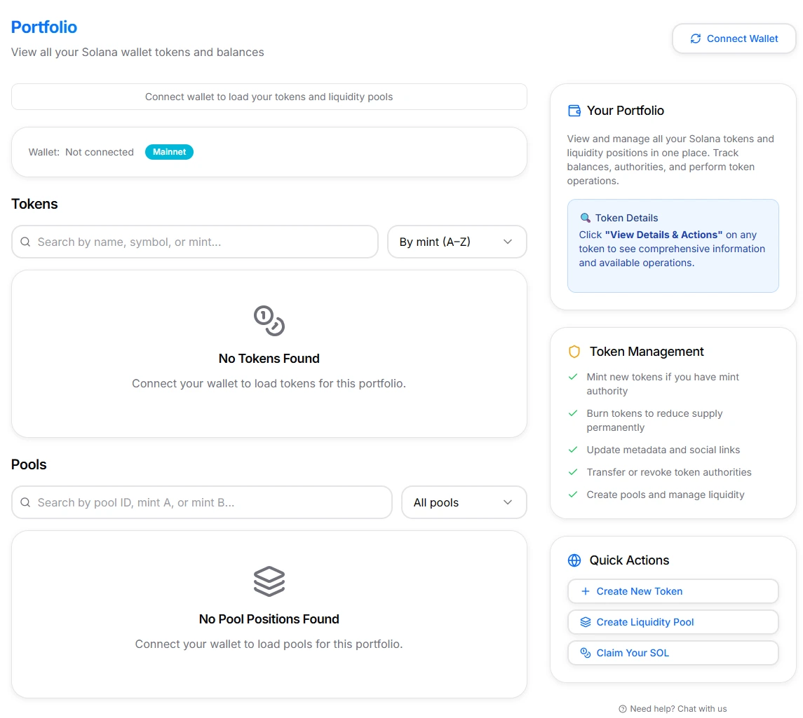 Solana portfolio page interface showing token balances, authorities, and Raydium liquidity positions dashboard
