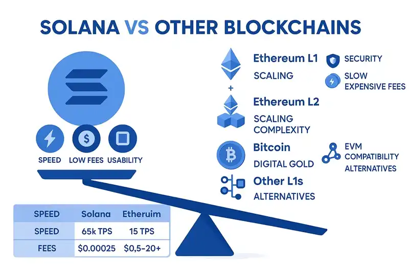 Solana vs Other Blockchains Comparison Comparison chart showing Solana vs Ethereum, Bitcoin, and other blockchains in terms of speed, speed, and features