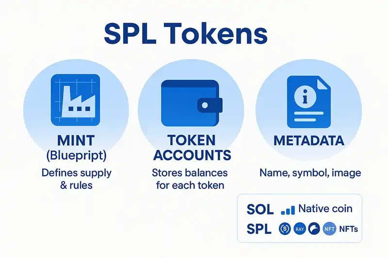 SPL Tokens - Understanding Token Structure on Solana Diagram explaining SPL tokens structure including mint, token accounts, and metadata components on Solana blockchain