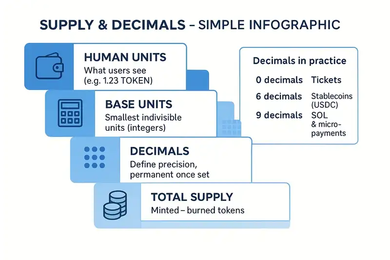 Token Supply and Decimals - Understanding Token Economics Diagram explaining token supply and decimals including human units, base units, conversion formulas, and different decimal precision levels