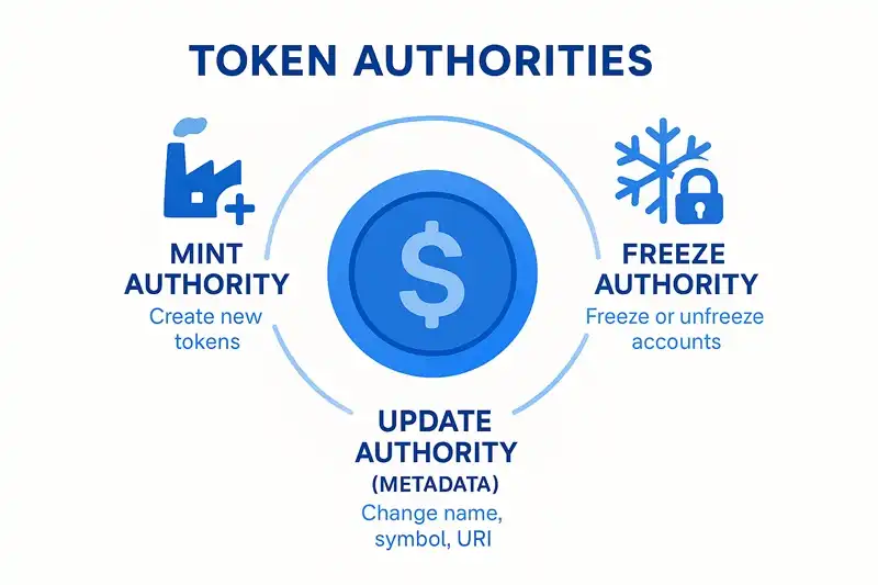 Diagram showing different types of Solana token authorities including mint authority, freeze authority, update authority, and their relationships to token accounts and control levels