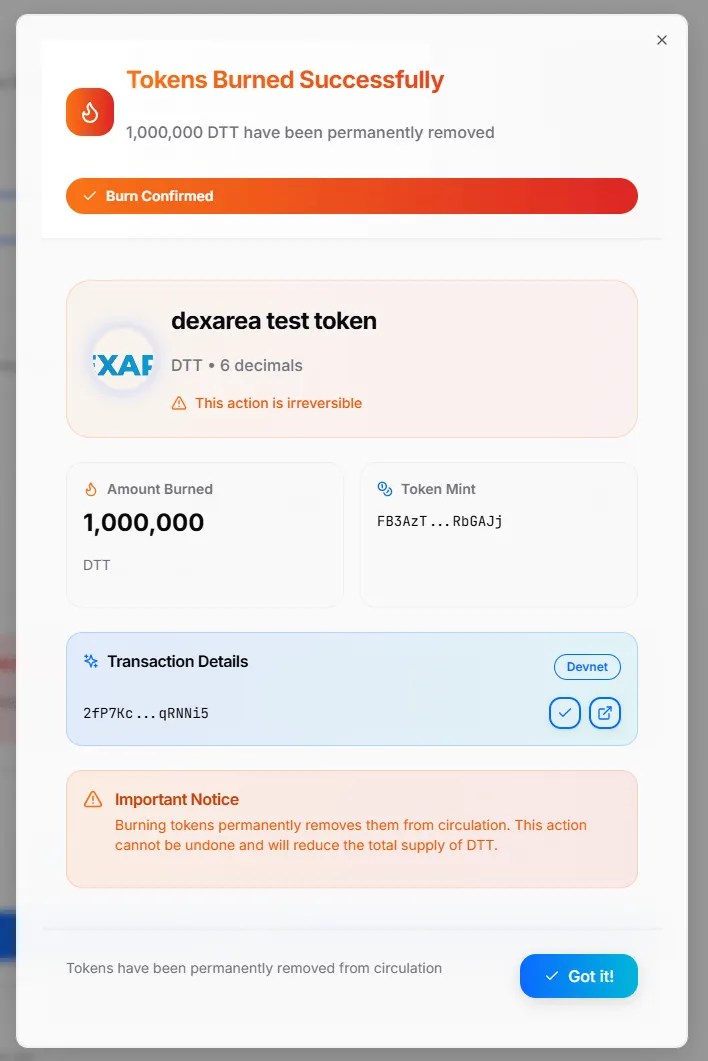 Token Burn Result Modal Token Burn Result Modal