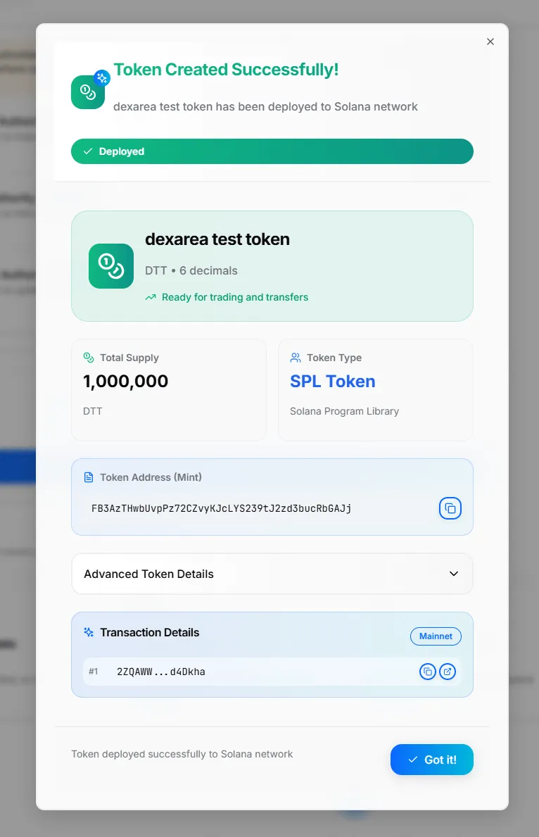 Token Creation Result Modal