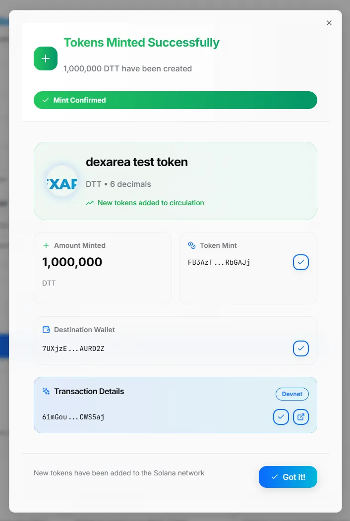 Token Mint Result Modal