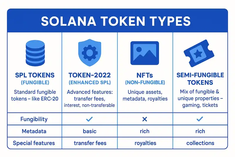 Token Types in Solana - Understanding the Token Ecosystem Diagram showing different token types in Solana including SPL tokens, Token-2022, NFTs, and Semi-fungible tokens with their key features