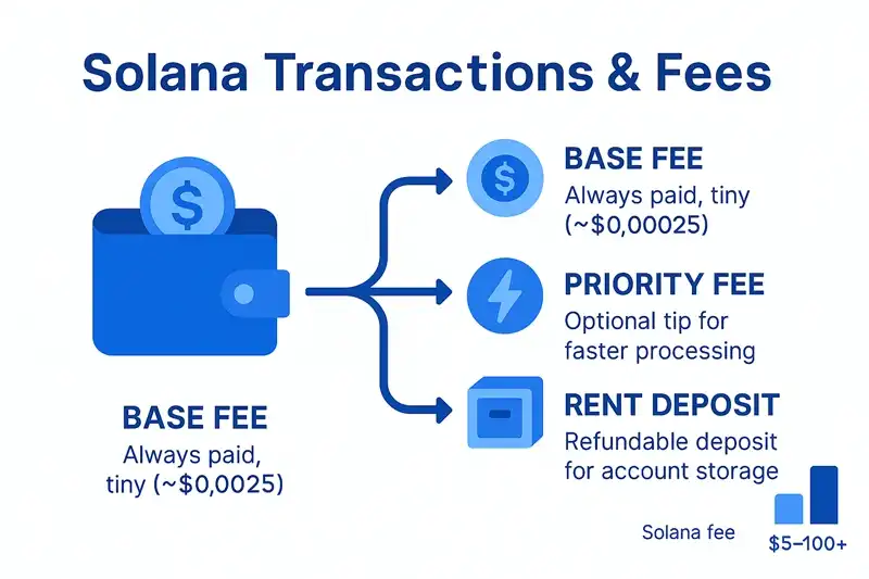 Solana Transactions and Fees Overview Diagram showing Solana transaction flow, fee structure, and cost breakdown for different types of operations