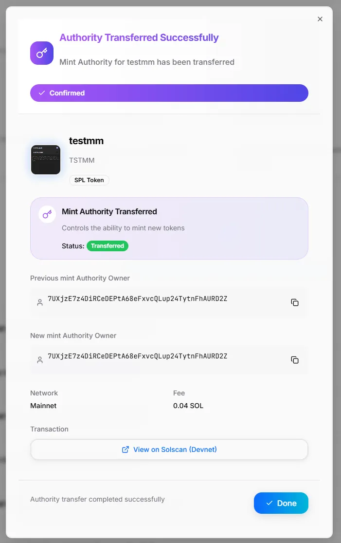 Authority Transfer Result Modal