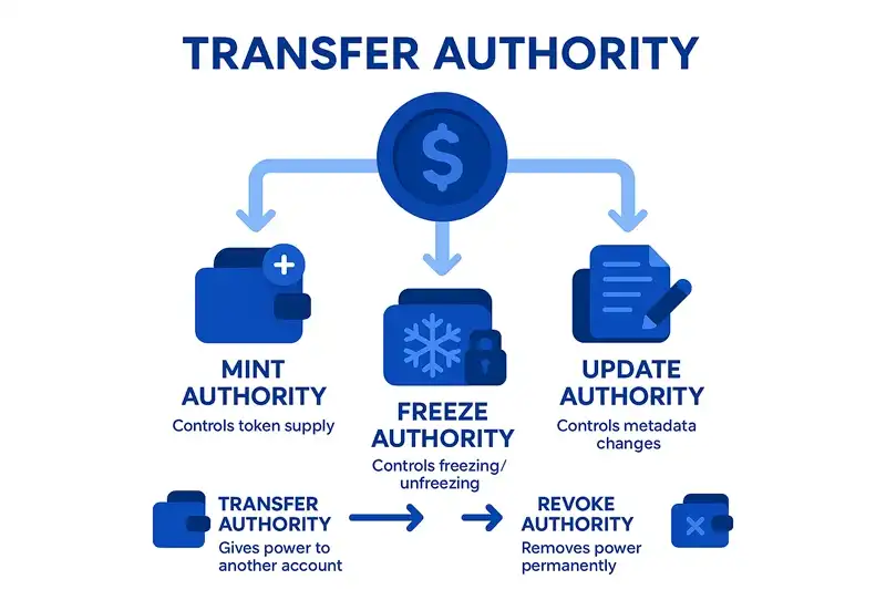 Transfer Authority - Understanding Administrative Control Delegation on Solana Diagram showing the process of transferring token authorities on Solana, including the relationship between different authority types and the transfer process
