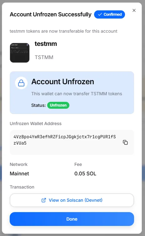 Account Unfreeze Result Modal