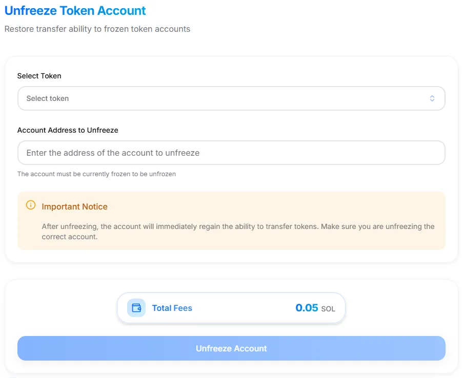 Token Unfreezer Interface
