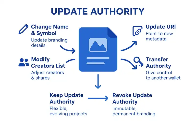 Update Authority - Understanding Metadata Control on Solana Diagram showing how update authority works on Solana, including the ability to modify token metadata such as name, symbol, URI, and creators list