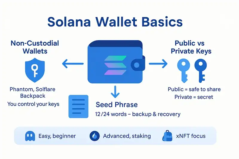 Diagram showing wallet components including private keys, public addresses, and how wallets interact with the Solana blockchain