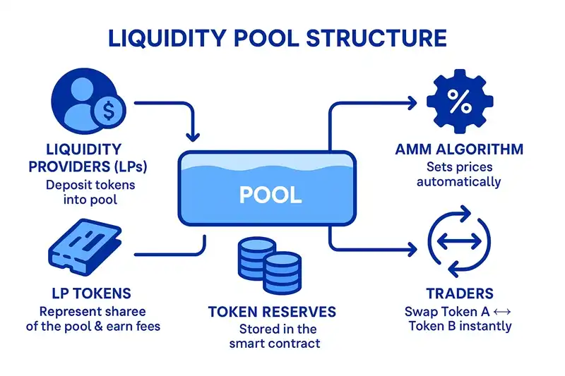 Liquidity Pools - Understanding Automated Market Making on Solana Diagram showing how liquidity pools work on Solana, including the relationship between liquidity providers, traders, and the automated market making process
